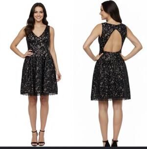 BCBGMAXAZRIA Dress Womens 4 Black Lace Sequin Fit Flare Open Back Katarina Party
